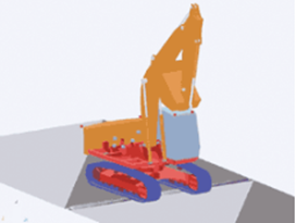 A simulation of an excavator moving over rough terrain shows the body rocking from vibrations.