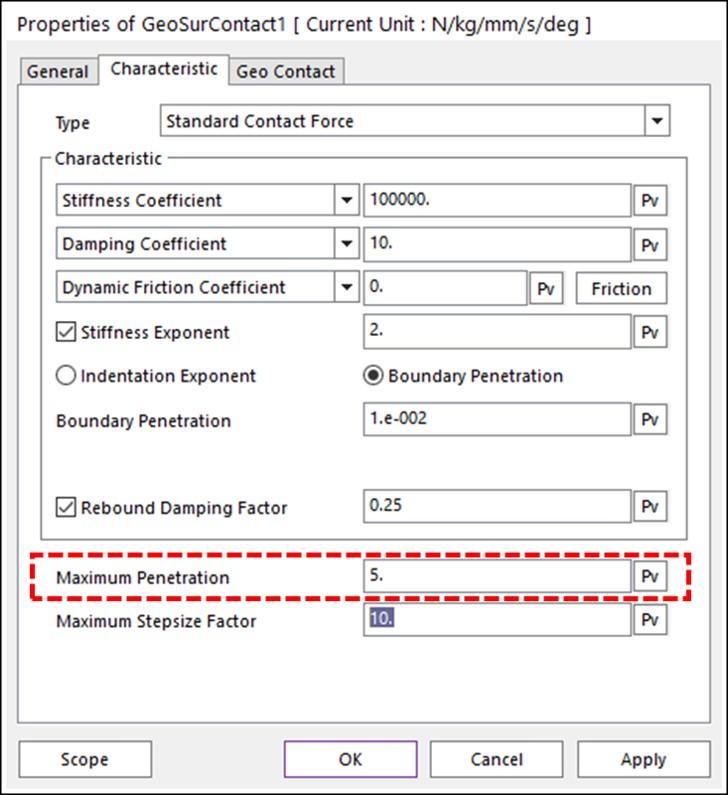 RecurDyn Contact parameter - Multi Body Dynamics max penetration