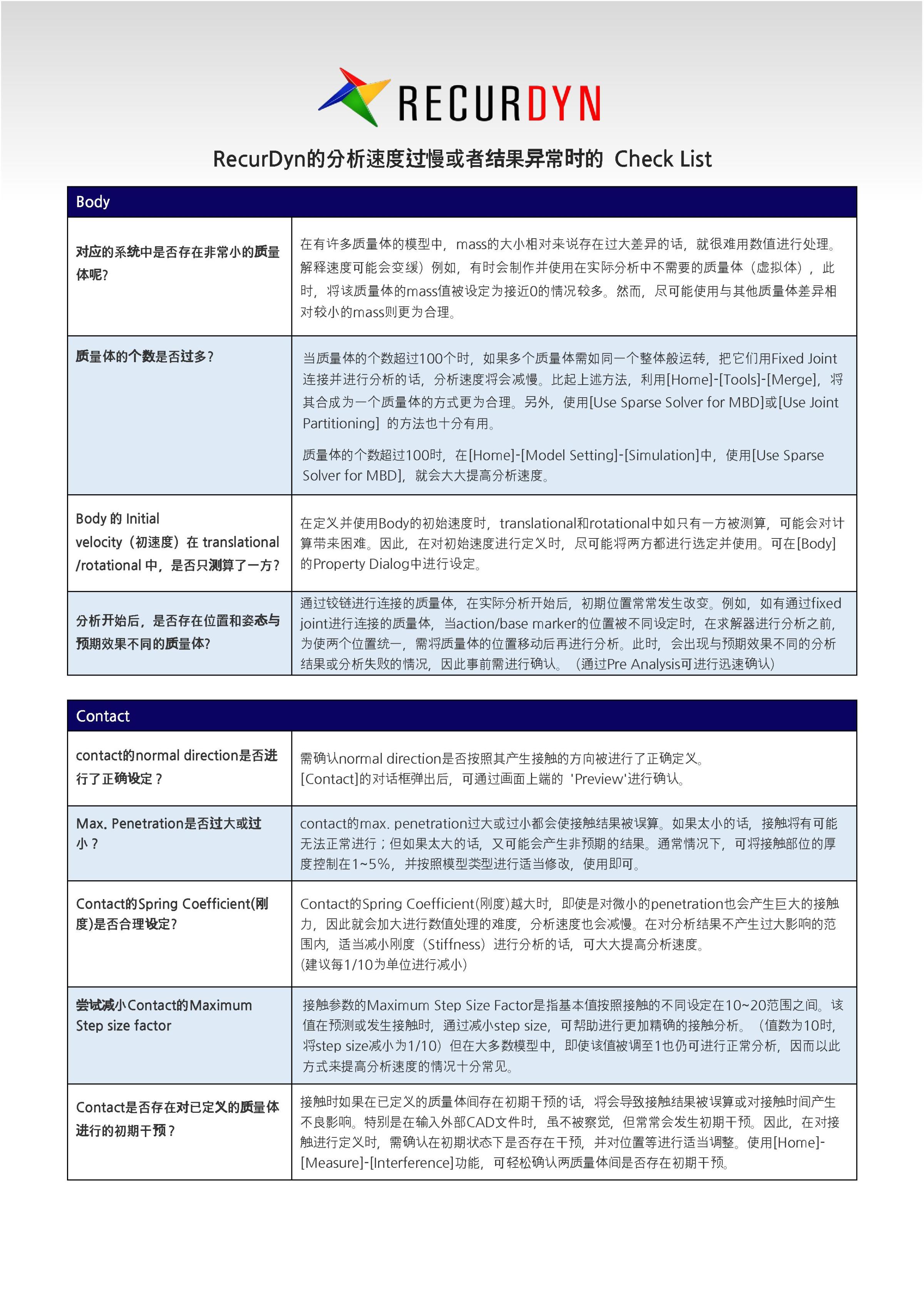 RecurDyn的分析速度过慢或者结果异常时的 Check List